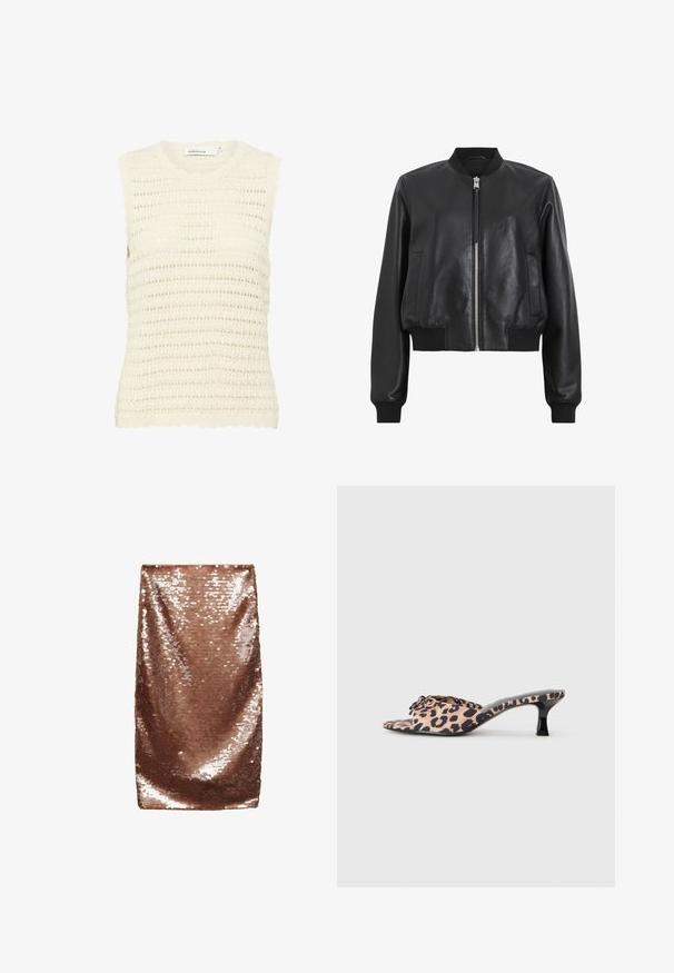 Chaqueta bomber de cuero negro con cremallera frontal, cuello y puños acanalados, que presenta dos bolsillos laterales. Textura suave y diseño corto.; Top de punto texturizado en color crema con un escote y bordes de hombros con forma de concha, que presenta un patrón de tejido abierto y un diseño sin mangas.; Mini falda de lentejuelas marrón, textura suave, diseño ajustado, acabado brillante con lentejuelas reflectantes dispuestas de manera compacta, sin costuras ni bolsillos visibles.; Mules de estampado de leopardo con un bajo tacón de aguja negro. Parte superior de tela suave con un detalle de nudo en el frente y una suela plana lisa.