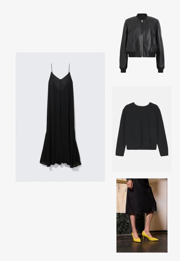 Veste bomber en cuir noir avec fermeture éclair à l'avant, col et poignets côtelés, dotée de deux poches latérales. Texture lisse et design court.; Pull noir à manches longues, col rond et ourlet légèrement court. Fabriqué en tissu doux, avec un détail de logo subtil sur le devant.; Robe noire sans manches avec un décolleté en V profond, fabriquée en tissu léger et ayant une silhouette fluide qui s'évasent à l'ourlet.; Escarpins en cuir verni jaune avec des pointes arrondies et des talons fins en stiletto, posés sur un sol en pierre sombre, devant un mur clair.