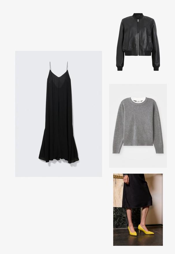 Sort læder bomberjakke med frontlynlås, ribbet krave og manchetter, der har to sidelommer. Glat tekstur og cropped design.; Grå sweater med lange ærmer, rund halsudskæring og ribstrikkede manchetter og kant. Har et tekstureret strik og et lille logo på brystet.; Sort ærmeløs kjole med dyb V-hals, lavet af letvægtsstof, og en flydende silhuet, der udvider sig ved kanten.; Gule patentlæder højhælede sko med spidse tæer og tynde stiletto-hæle, placeret på et mørkt stengulv mod en lys vægbaggrund.