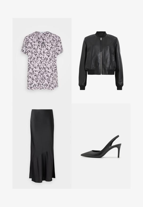 Juodas odinis bomber tipo švarkas su priekiniais užtrauktukais, raukšlėtu apykakle ir rankogaliais, turintis dvi šonines kišenes. Lygus paviršius ir trumpas dizainas.; Esprit V NECK - Marškinėliai su spaudiniu - lavender; Juodas satino midi sijonas su elegantišku dizainu, kuris turi šiek tiek platėjančią apatinę dalį ir šonine išpjova, užtikrinančia laisvą judėjimą. Lygus paviršius.; Juodos odinės šlepetės su aukštu kulnu ir ilgu smailiu nosiu, turinčios išpjovą priekyje ir ploną stiletą.