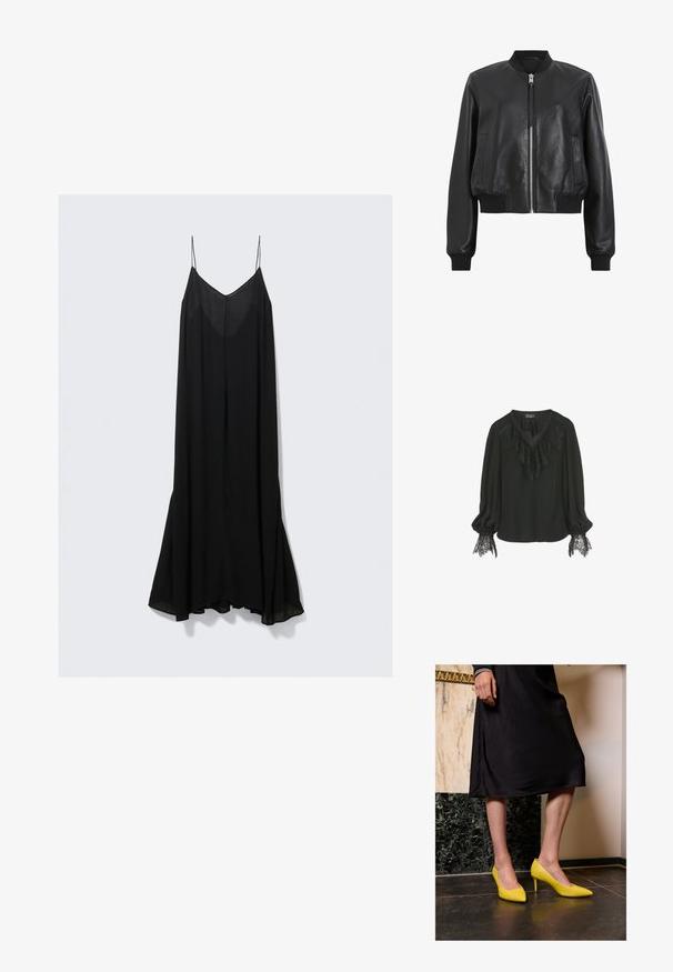 Jachetă bomber din piele neagră, cu fermoar frontal, guler și manșete ribbate, având două buzunare laterale. Textură netedă și design scurt.; Bluză neagră cu guler din dantelă volanat și accente din dantelă la manșete. Țesătură moale cu un croi lejer și decolteu în formă de V.; Rochie neagră fără mâneci, cu un decolteu adânc în V, realizată dintr-un material ușor, cu o siluetă fluidă care se lărgește la tiv.; Cizme galbene din piele lacuită cu vârful ascuțit și tocuri subțiri stileto, așezate pe un podea din piatră închisă la culoare, pe un fundal de perete deschis.