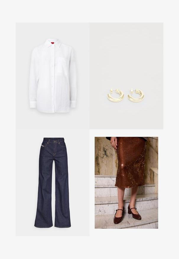 Sort læder bomberjakke med frontlynlås, ribbet krave og manchetter, der har to sidelommer. Glat tekstur og cropped design.; Hvid langærmet skjorte lavet af let stof, med knaplukning foran, krave og en lomme på venstre bryst. Subtil tekstureret overflade.; Mørkeblå bredbenede jeans i denimstof med høj talje, prydet med orange stikninger, fem-lomme design og knaplukning.; Kvinne iført en brun paljettemidi-skjørt og mørkebrune krokodille-teksturerte Mary Jane-hæler som står på marmortrapper.; Guldtonede hoops øreringe med en glat, poleret finish. Har et buet design og en lille accent nær stemplet for ekstra detalje.