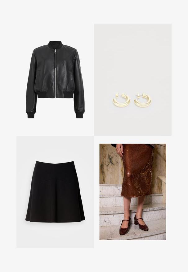 Melnas ādas bumbierjaka ar priekšējo rāvējslēdzēju, ribotām apkaklēm un piedurknēm, divām sānu kabatām. Gluda tekstūra un īsāka forma.; Jūras flotes turtlenecks ar gariem piedurknēm. Izgatavots no mīksta auduma ar gludu tekstūru. Iezīmēts ar pieguļošu dizainu un augstu apkakli bez redzamām šuvēm.; Melna izplūstoša svārku forma no mīksta auduma, ar pieguļošu jostu un šuvju izstrādājumu. Gluda tekstūra ar vienkāršu, klasisku dizainu.; Sieviete, kas valkā brūnu secinātu midi svārku un tumši brūnas krokodila tekstūras Mary Jane augstpapēžu kurpes, stāv uz marmora kāpnēm.; Zelta toni auskari ar gludu, pulētu apdari. Iezīmējas ar izliekumu un nelielu akcentu pie stieples, lai pievienotu papildu detaļu.