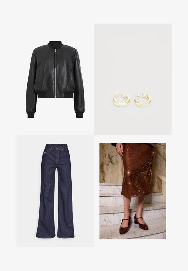 Musta nahkainen pommitakki, jossa on etuvetskari, ribatty kaulus ja hihansuut sekä kaksi sivutaskua. Silkkinen rakenne ja lyhyt design.; Valkoinen puuvillainen t-paita, jossa on painettu kuva kahdesta naisesta kaupunkimuotityyleissä, koirasta suojatiellä ja kaupungin rakennuksista.; Tummansiniset leveälahkeiset farkut denimmateriaalista, joissa on korkea vyötärö. Niissä on oranssit tikkaus, viisi taskua ja napitus.; Nainen, jolla on päällään ruskea paljetti-midi-hame ja tummanruskeat krokotiilinantextuuriset Mary Jane -kengät, seisoo marmoriportaita myöten.; Kultahenttiset korvakorut, joissa on sileä ja kiiltävä pinta. Korvaksissa on kaareva muotoilu ja pieni yksityiskohta lähellä postia lisäyksityiskohtia varten.