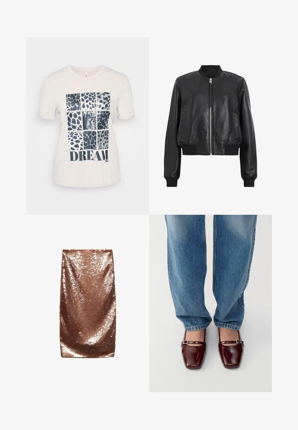 Giubbotto bomber in pelle nera con zip frontale, colletto e polsini a costine, dotato di due tasche laterali. Tessuto liscio e design corto.; T-shirt di cotone color crema a maniche corte, con una grafica di nove quadrati a stampa leopardata e la parola "DREAM" in grassetto nero.; Gonna mini in paillettes marroni, texture liscia, design aderente, finitura lucida con paillettes riflettenti disposte ravvicinate, senza cuciture visibili né tasche.; Scarpe in pelle verniciata bordeaux con punta quadrata e cinturino alla caviglia, abbinate a jeans loose-fit di colore blu chiaro. Le scarpe hanno una finitura lucida.