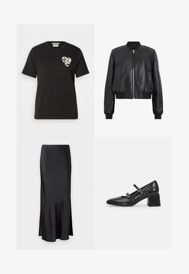 Black leather bomber jacket with a front zipper, ribbed collar and cuffs, featuring two side pockets. Smooth texture and cropped design.; Black cotton t-shirt with a crew neckline, short sleeves, featuring a white heart design with abstract features and text on the left chest.; Black satin midi skirt with a sleek design, featuring a slight flare at the hem and side slit for ease of movement. Smooth texture.; Black patent leather Mary Jane shoes with a pointed toe, two adjustable straps, and a chunky block heel. Smooth texture and glossy finish.