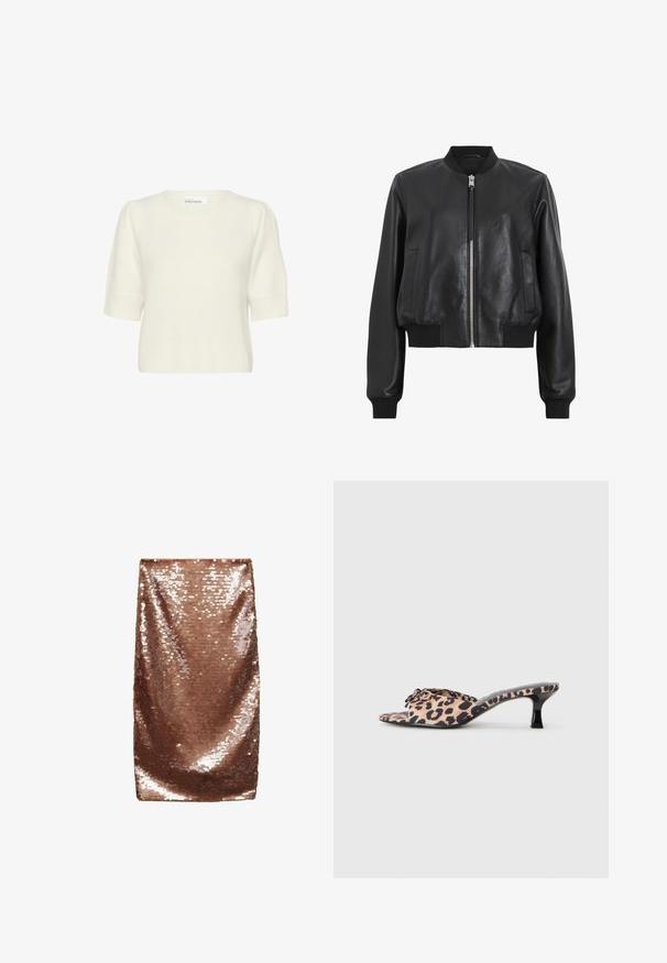 Chaqueta bomber de cuero negro con cremallera frontal, cuello y puños acanalados, que presenta dos bolsillos laterales. Textura suave y diseño corto.; Suéter de punto de manga corta color crema con hombros abullonados y dobladillo acanalado, fabricado por Karen by Simonsen.; Mini falda de lentejuelas marrón, textura suave, diseño ajustado, acabado brillante con lentejuelas reflectantes dispuestas de manera compacta, sin costuras ni bolsillos visibles.; Mules de estampado de leopardo con un bajo tacón de aguja negro. Parte superior de tela suave con un detalle de nudo en el frente y una suela plana lisa.