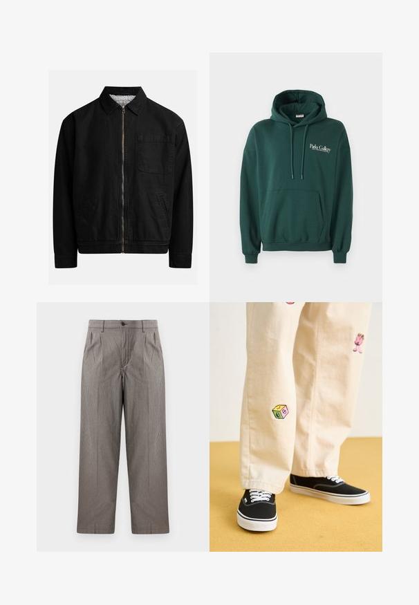 Zwarte zip-up jas met een kraag, één borstzak, twee zijzakken en een zachte, gestructureerde binnenvoering.; Donkergroene hoodie van zachte stof, met een kangoeroezak, trekkoorden en een wit tekstlogo op de linkerborst.; Grijs houndstooth-print broek met een recht model, voorzien van plooien, een tailleband met knoopsluiting en zijzakken.; Beige katoenen broek met speelse geborduurde ontwerpen, waaronder een roze figuur en een gekleurd blok, gecombineerd met zwarte veterschoenen.