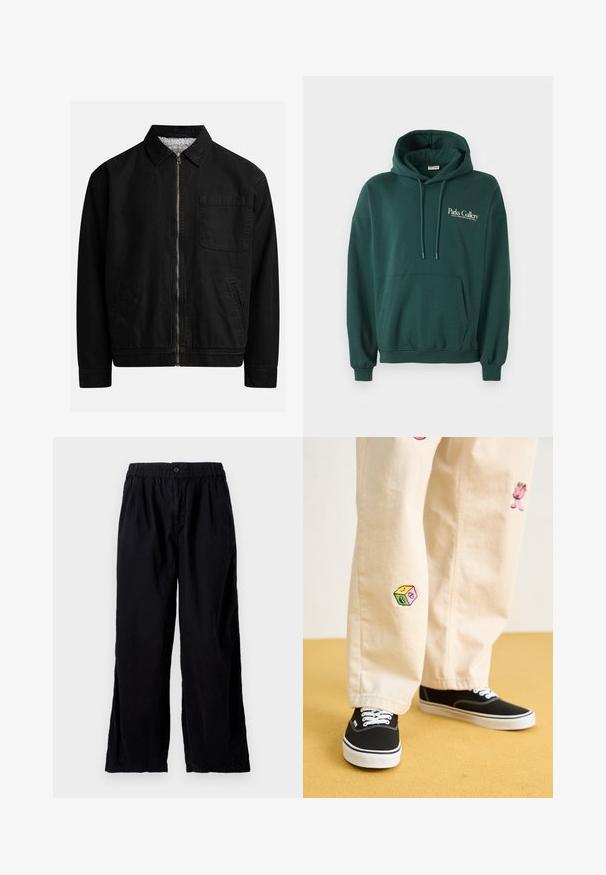 Czarna kurtka zapinana na zamek z kołnierzem, jednym kieszonką na piersi, dwoma kieszeniami bocznymi oraz miękką, teksturowaną podszewką.; Ciemnozielona bluza z kapturem z miękkiego materiału, z kieszenią typu kangur, sznurkami oraz białym logo na lewej części klatki piersiowej.; Czarne spodnie wykonane z lekkiego materiału, z elastycznym paskiem w talii, zapięciem na guziki, luźnym krojem i delikatną fakturą. Brak widocznych wzorów lub akcentów.; Beżowe bawełniane spodnie z zabawnymi haftowanymi wzorami, w tym różową postacią i kolorowym blokiem, w połączeniu z czarnymi sznurowanymi sneakersami.