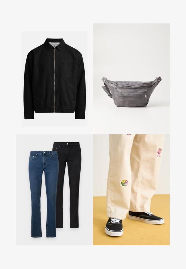 Black zip-up jacket with a collar, one chest pocket, two side pockets, and a soft, textured inner lining.; Dark green hoodie made of soft fabric, featuring a kangaroo pocket, drawstrings, and white text logo on the left chest area.; Two pairs of jeans: one light blue and one black. Both are straight-leg, made of denim, with front pockets and metal button accents.; Beige cotton pants with playful embroidered designs including a pink character and colored block, paired with black lace-up sneakers.; Gray suede fanny pack with a rounded shape, two zippered compartments, and adjustable strap. Features metal hardware accents.