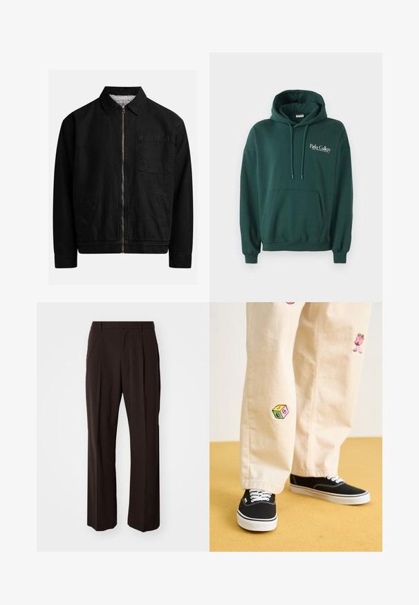 Veste zippée noire avec un col, une poche poitrine, deux poches latérales et une doublure intérieure douce et texturée.; Haut à capuche vert foncé en tissu doux, avec une poche kangourou, des cordons de serrage et un logo en texte blanc sur la poitrine à gauche.; GAP LOOSE - Pantalon classique - brown noir; Pantalon en coton beige avec des motifs brodés ludiques, incluant un personnage rose et un bloc de couleur, associé à des baskets noires à lacets.