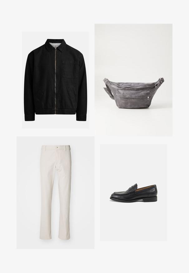 Must noir lukuga, krae ja, ühe rinna-tasku, kahe küljetasku ja pehme, tekstuuriga sisekattega.; Tume roheline kapuutsiga sviiter, mis on valmistatud pehmest kangast, millel on kenguru tasku, paelad ja valge tekstilogo vasakul rinnakorvil.; DOCKERS GO AIRWEAVE - Chino-püksid - sahara khaki; Mustad mustad nahast loafers, sujuva viimistlusega, ümar sirge ja dekoratiivne tikand peal. Madal ja kergelt kuhjatud konts ning kerge läige.; Hallikate nahast vöö kott, millel on ümar kuju, kaks tõmblukuga taskut ning reguleeritav rihm. Varustatud metallist detailide aktsentidega.