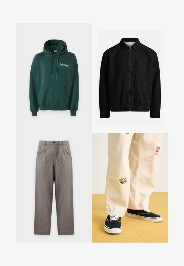 Črna jakna na zadrgo s ovratnikom, enim žepom na prsih, dvema stranskima žepoma in mehkim, strukturiranim notranjim podloženjem.; Temno zelena kapuca iz mehke tkanine, z kenguru žepom, vrvicami in belim logotipom na levi strani prsnega koša.; Hlače z grafičnim vzorcem houndstooth v sivi barvi, ravno krojene, z naborki, pasom z gumbom ter stranskimi žepi.; Bežna bombažna hlače z igrivimi vezeninami, ki vključujejo roza lik in barvni blok, v kombinaciji s črnimi čipkastimi športnimi copati.