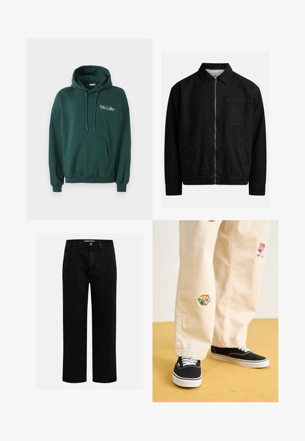 Zwarte zip-up jas met een kraag, één borstzak, twee zijzakken en een zachte, gestructureerde binnenvoering.; Donkergroene hoodie van zachte stof, met een kangoeroezak, trekkoorden en een wit tekstlogo op de linkerborst.; Zwarte denim broeken met een rechte pijp, klassieke vijf-pocket structuur en een knoopsluiting in de taille. Glad materiaal en duurzame stof.; Beige katoenen broek met speelse geborduurde ontwerpen, waaronder een roze figuur en een gekleurd blok, gecombineerd met zwarte veterschoenen.