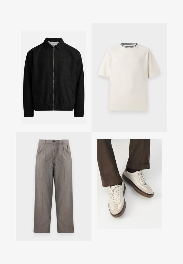 Černá zipová bunda s límcem, jednou náprsní kapsou, dvěma bočními kapsami a měkkou, strukturovanou vnitřní podšívkou.; Krémové bavlněné tričko s krátkými rukávy, s kulatým výstřihem zvýrazněným námořnickými a bílými pruhy. Hladká textilní struktura, volný střih.; Kalhoty s šedým houndstooth vzorem a rovnými nohavicemi, s přehyby, páskem se zapínáním na knoflík a bočními kapsami.; Béžové tenisky s texturovanou semišovou špičkou, hladkými koženými boky a hnědou gumovou podrážkou. Na šněrování a lehkém prošití je detail.