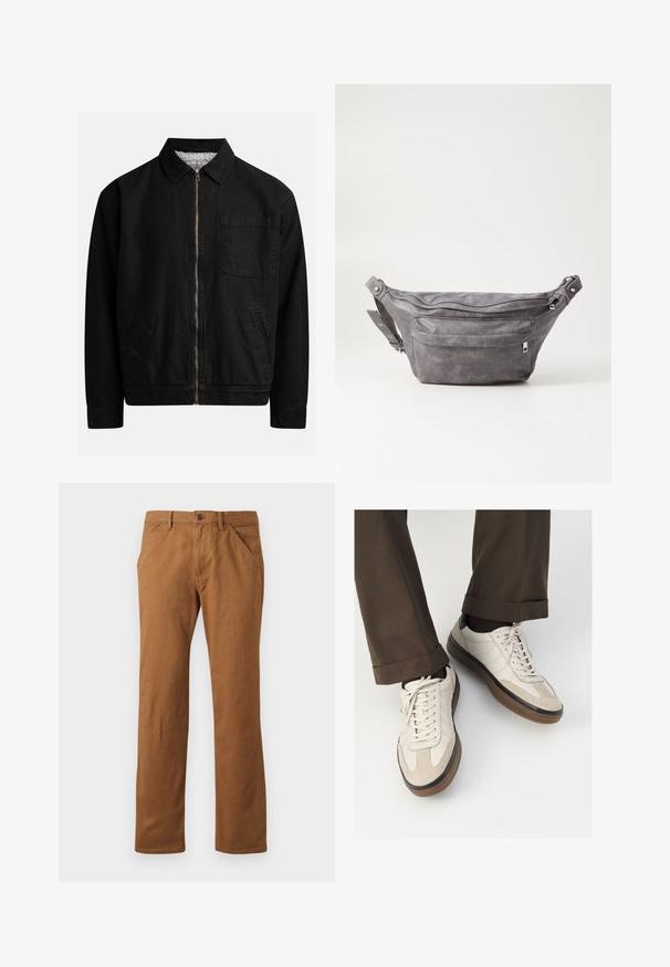 Crna jakna sa zatvaračem, ovratnikom, jednim džepom na prsima, dva bočna džepa i mekanim, teksturiranim unutarnjim postavom.; Kremasta pamučna majica s kratkim rukavima, koja ima okrugli izrez naglašen mornarsko plavim i bijelim prugama. Glatka tekstura, ležeran kroj.; Smeđe pamučne hlače ravnog kroja, s zatvaranjem na dugme, bočnim džepovima i glatkom teksturom. Prikladne za svakodnevno nošenje.; Bež tenisice s teksturiranom nubuk prednjom stranom, glatkim kožnim bočnim stranama i smešnim gumenim potplatom. Uključene su vezice i lagani detalji šivanja.; Siva zamšasta torbica preko struka sa zaobljenim oblikom, dva zip zatvorena odjeljka i podesivim remenom. Sadrži metalne naglaske.