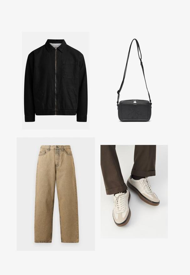 Črna jakna na zadrgo s ovratnikom, enim žepom na prsih, dvema stranskima žepoma in mehkim, strukturiranim notranjim podloženjem.; Kremasta bombažna majica s kratkimi rokavi, z okroglim izrezom, okrašenim z mornarsko modrimi in belimi črtami. Gladka tekstura, sproščen kroj.; Bež usnjeni kavbojke s ravnim krojem, ki vključujejo zadrgo, pasne zanke in kontrastne šive. Brez opaznih vzorcev ali kovinskih detajlov.; Bež teniske z teksturiranim prednjim delom iz usnja, gladkimi kožnimi stranicami in rjavo gumijasto podplatom. Vključene vezalke in svetla šivana detajla.; Črna usnjena torbica čez ramo z zadrgo, embosirano logotipom spredaj in nastavljivim pasom. Gladka površina z pravokotno obliko.
