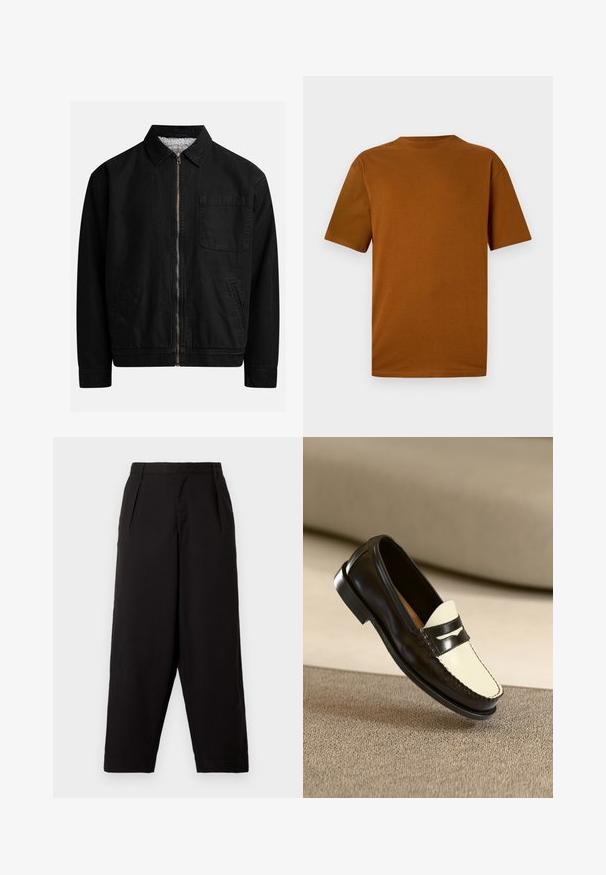 Casaco preto com fecho de correr, colarinho, um bolso no peito, dois bolsos laterais e um forro interior macio e texturizado.; T-shirt de manga curta em algodão laranja queimado. Apresenta um decote redondo, um ajuste relaxado e uma textura suave, sem padrões ou acessórios.; Calças largas pretas feitas de um tecido suave. Apresentam pregas na cintura e um ajuste descontraído, terminando acima do tornozelo. Sem hardware visível.; Mocassim de couro preto com uma pala em tom creme e riscas pretas de destaque, apresentando um salto baixo e costura detalhada ao longo das bordas.