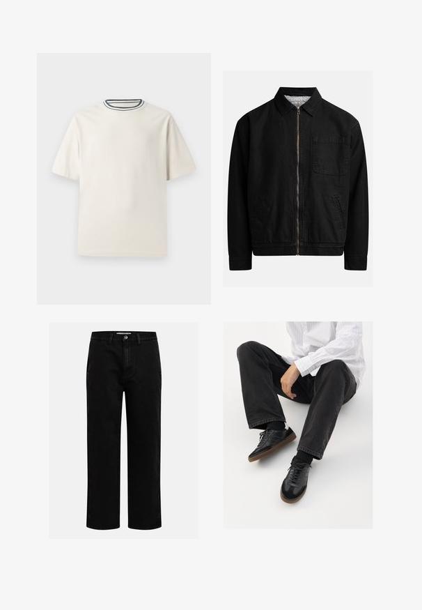 Must noir lukuga, krae ja, ühe rinna-tasku, kahe küljetasku ja pehme, tekstuuriga sisekattega.; Kreemivärvi puuvillane T-särk lühikeste varrukatega, ümmarguse kaeluse ja mereteemalise sinise ja valge triibuga. Sile tekstuur, mugav lõike.; Mustad denim püksid sirge jala kujundiga, klassikaline viie tasku disain ja nööbid kinniuisutamisel. Sile tekstuur ja vastupidav kangas.; Mustad spordijalatsid siledast ja tekstuurilisest ülemisest osast, millel on kummist tald ja tumedad nöörid. Kombineeritud mustade teksade ja valge triibulise särgiga.