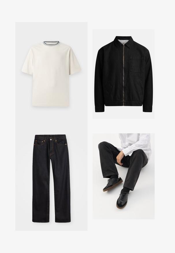 Must noir lukuga, krae ja, ühe rinna-tasku, kahe küljetasku ja pehme, tekstuuriga sisekattega.; Kreemivärvi puuvillane T-särk lühikeste varrukatega, ümmarguse kaeluse ja mereteemalise sinise ja valge triibuga. Sile tekstuur, mugav lõike.; Meeste sirge jala mustad denim teksad viie taskuga, oranž õmblus, nupu ja tõmblukuga ees nagu vöökoht.; Mustad spordijalatsid siledast ja tekstuurilisest ülemisest osast, millel on kummist tald ja tumedad nöörid. Kombineeritud mustade teksade ja valge triibulise särgiga.