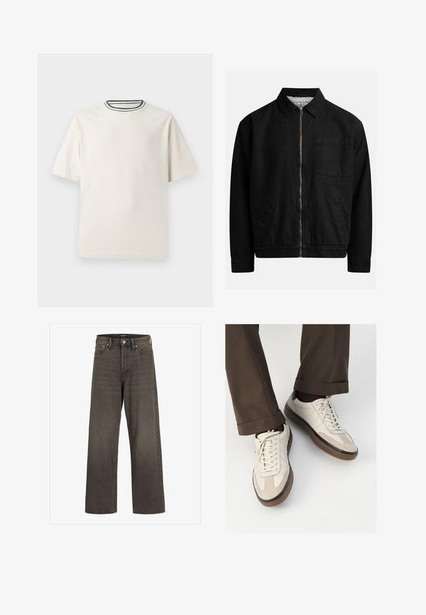 Μαύρο μπουφάν με φερμουάρ και γιακά, μία τσέπη στο στήθος, δύο πλαϊνές τσέπες και μαλακή, υφασμάτινη εσωτερική επένδυση.; Κρέμα βαμβακερό μπλουζάκι με κοντά μανίκια, που διαθέτει στρογγυλή λαιμόκοψη με ναυτικές και λευκές ρίγες. Λείος υφασμάτινος χαρακτήρας, άνετη εφαρμογή.; Πλατιά τζιν παντελόνια σε σκούρο γκρι τζιν, με ψηλή μέση, κλασικό σχέδιο πέντε τσεπών και αντίθετη ραφή κατά μήκος των ραφών.; Μπεζ αθλητικά παπούτσια με υφή από σουέτ μπροστά, λεία δερμάτινα πλαϊνά και καουτσούκ καφέ σόλα. Περιλαμβάνονται κορδόνια και λεπτομέρειες ραφής σε ανοιχτό χρώμα.