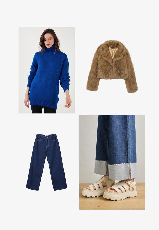 Brun fuskpälskort jacka med långa ärmar och bred krage. Inuti är den fodrad med ett mjukt, ljusfärgat tyg.; Blå turtlenecktröja tillverkad av mjukt, texturerat tyg, med sänkta axlar, ribbade muddar och en avslappnad passform.; Vida vida mörkblå denim byxor med vid ben, knappstängning, fem fickor och kontrasterande vit sömnad. Tyget har en slät, något texturerad yta.; Beiga plattformssandaletter med tjocka sulor har en remdesign och justerbara ankelremmar. Bärs med vida jeansbyxor, där ena fållen är trasig.