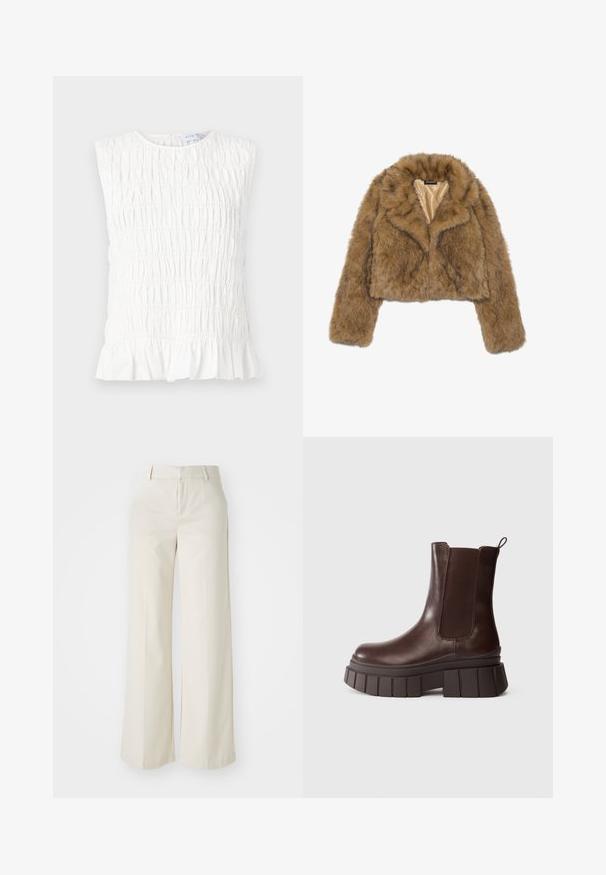 Brown faux fur cropped jacket with long sleeves and a wide collar. The interior is lined with a smooth, light-colored fabric.; White sleeveless top with a gathered texture, featuring a round neckline and a ruffled hem. Made from soft, lightweight fabric.; Wide-leg trousers in a light beige color, made of a smooth fabric. Features a classic waistband and flat front with clean lines.; Dark brown leather ankle boot with thick, chunky sole and elastic side panel, set against a plain white background.