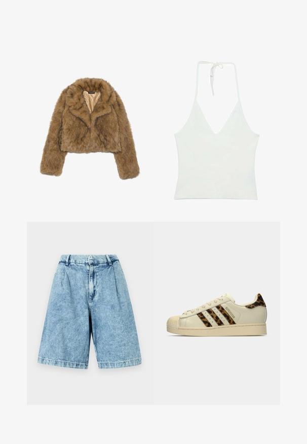 Brun faux fur kort jakke med lange ærmer og bred krave. Indersiden er foret med et glat, lysefarvet stof.; Hvid halterneck tanktop med en dyb V-udskæring. Lavet af et glat, let stof. Har justerbar snøring bagpå.; Lys blå denimshorts med en afslappet pasform, der har en frontlynlås, bæltestropper og en subtil falmet tekstur. Afsluttede kanter fuldender designet.; Off-white Adidas Superstar sneakers med leopardmønstrede striber og hælplet, beige gummi-fodtås og "SUPERSTAR" tekst på siden.