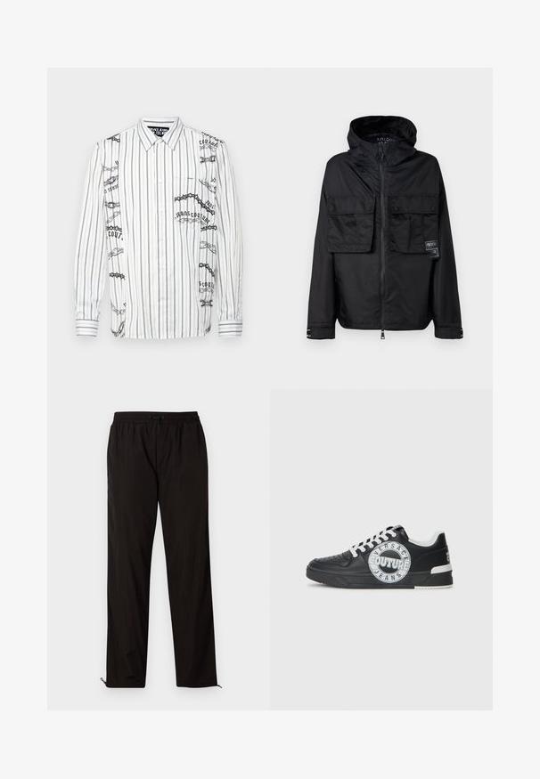 Zwarte zip-up jas met een capuchon, met twee voorzakken op de borst, een label op de linker zak en een gladde, glanzende textuur.; Witte shirt met lange mouwen en zwarte verticale strepen, met grafische prints en tekst aan de linkerkant en een borstzak.; Zwarte lichtgewicht broeken met een elastische tailleband, treksluiting en met rits afsluitbare zoom voor een aanpasbare pasvorm. Glad, strak textuur.; Zwarte leren sneakers met witte accenten, ronde logodetailing, geperforeerde neus en contrasterende zool. Voorzien van witte veters en merknaam.