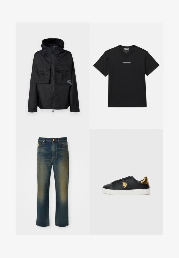 Must mustaga, millel on kapuuts, kahte eesmist rinnaTaskut, silt vasakul taskul ja sile, läikiv tekstuur.; Mustvalge lühikeste varrukatega T-särk, mis on valmistatud puuvillast. Rinnas on ristkülikukujuline logo silt, millel on valge tekst "VERSACE JEANS COUTURE".; Sinised denim teksad sirge, laia sääre disainiga. Omab pleekinud alasid ja nupuvajutusega sulgemist. Koos esikottide ja logo detailiga.; Must must nahkajalatsid kuldsete detailide, logo kaunistuse ja valge mustrilise tallaga. Omab ümmargusi paelu ja sujuvat disaini.