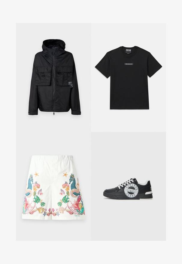 Schwarze Zip-Jacke mit Kapuze, ausgestattet mit zwei vorderen Brusttaschen, einem Label auf der linken Tasche und einer glatten, glänzenden Textur.; Schwarzes T-Shirt mit kurzen Ärmeln aus Baumwolle. Besitzt ein rechteckiges Logodekoration auf der Brust mit "VERSACE JEANS COUTURE" in weißem Text.; Weiße Shorts aus Stoff mit bunten, vom Ozean inspirierten Grafiken, darunter Seepferdchen, Muscheln und Seesterne, mit einem Kordelzug am Bund.; Schwarze Ledersneaker mit weißen Akzenten, runder Logodetaillierung, perforierter Zehenpartie und kontrastierender Sohle. Ausgestattet mit weißen Schnürsenkeln und Branding.