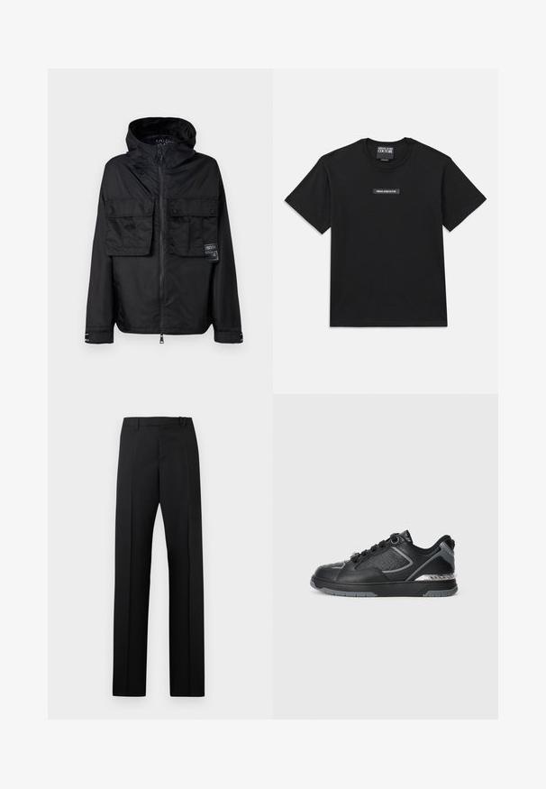 Musta vetoketjullinen takki, jossa on huppu, kaksi etupolkupussia, etiketti vasemmassa pussissa ja sileä, kiiltävä pinta.; Mustat lyhyet hihaiset t-paidat, jotka on valmistettu puuvillasta. Rintakappaleessa on suorakulmion muotoinen logolappu, jossa lukee "VERSACE JEANS COUTURE" valkoisella tekstillä.; Mustat korkeavyötäröiset suoralahkeiset housut, joissa vyölenkit ja silityssaumat, valkoista taustaa vasten esillä.; Musta nahkasneaker, jossa on teksturoitua yksityiskohtaa, hopeisia accentteja, pyöreä kärki ja kuvioitu välipohja logolla. Nauhakiinnitys.