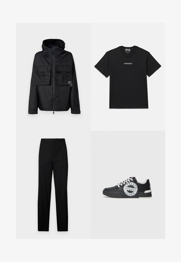 Črna zip-up jakna s kapuco, ki ima dva sprednja žepa na prsih, oznako na levem žepu in gladko, sijočo teksturo.; Črna kratka majica s kratkimi rokavi, narejena iz bombaža. Na prsih ima pravokotno oznako z logotipom z besedilom "VERSACE JEANS COUTURE" v beli barvi.; Črne prilagojene hlače z ravnimi nogavicami, ravnim sprednjim delom in diskretno pregibno črto. Narejene iz gladkega materiala z zankami za pas in stranskimi žepi.; Črne usnjene superge z belimi detajli, okroglo logotipno okrasitev, perforiran prst in kontrastno podplat. Imajo bele vezalke in blagovno znamko.