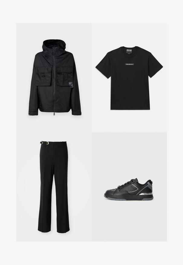 Must mustaga, millel on kapuuts, kahte eesmist rinnaTaskut, silt vasakul taskul ja sile, läikiv tekstuur.; Mustvalge lühikeste varrukatega T-särk, mis on valmistatud puuvillast. Rinnas on ristkülikukujuline logo silt, millel on valge tekst "VERSACE JEANS COUTURE".; Mustad püksid, millel on kohandatud istuvus, lamedad esiosad, vööaasad, graatsiline siluett ja vöö peal kullatud tüübliga aksessuaar.; Mustmustest musta, millel on tekstuurilised detailid, hõbedased aktsendid, ümar varvas ja mustriga vaheline tall tärniga. Kinnitatav disain.