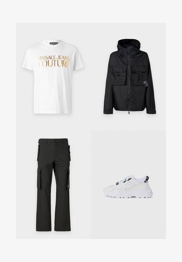 Casaco preto com fecho zip e capuz, apresentando dois bolsos frontais no peito, um etiqueta no bolso esquerdo e uma textura suave e brilhante.; T-shirt de algodão branca com grande texto em foil dourado "VERSACE JEANS COUTURE" na parte da frente. Gola redonda clássica e mangas curtas.; Calças cargo às pretas com um design de perna reta, apresentando múltiplos bolsos laterais e fecho de botão. Feitas de um tecido durável e com textura suave.; Ténis desportivos brancos com parte superior em rede, sola grossa e detalhes pretos com marca impressa. Design texturizado e estruturado.