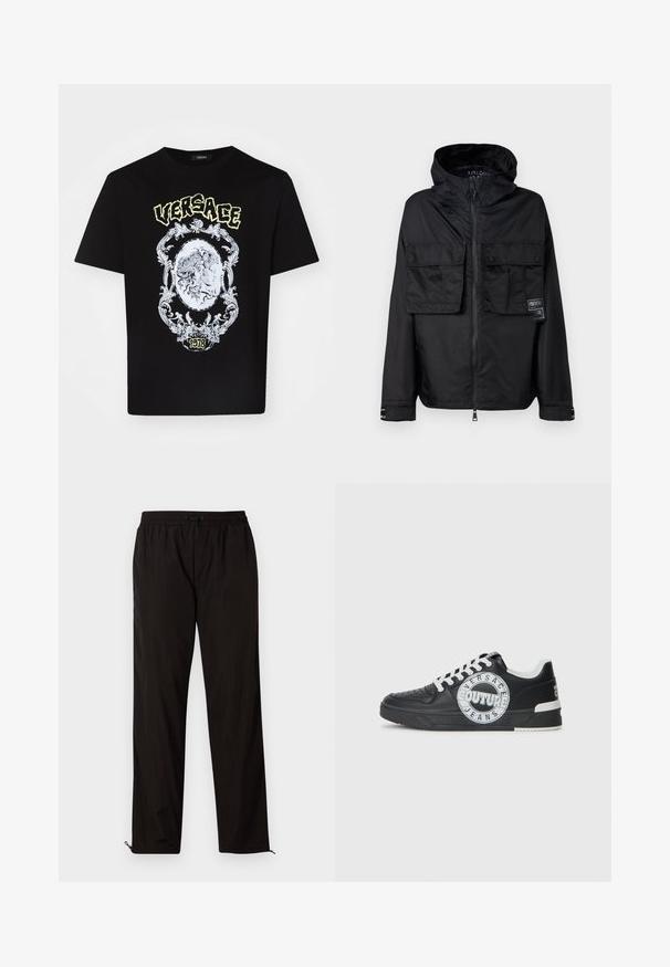 Juodas zip-up džemperis su kapišonu, turintis dvi priekinės krūtinės kišenes, etikete kairėje kišenėje ir lygiu, blizgiu paviršiumi.; Juodas medvilninis marškinėliai su detaliu baltu grafiniu dizainu, kuriame yra centrinis medalis ir užrašas "VERSACE" viršuje, o "1978" apačioje.; Juodos lengvos kelnės su elastingu juosmeniu, raišteliu ir užtrauktukais apačioje, kad būtų galima pritaikyti dydį. Lygus, glotnus paviršius.; Juodo odinio sportinio avalynė su baltais akcentais, apvaliu logotipo detalizavimu, perforuota priekiu ir kontrastingu padu. Savybės: balti raišteliai ir prekės ženklas.