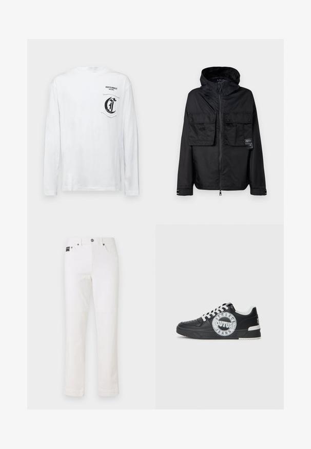 Černá zipová bunda s kapucí, obsahující dvě přední kapsy na hrudi, štítek na levé kapse a hladkou, lesklou texturu.; Bílá košile s dlouhým rukávem vyrobená z bavlny, se zaobleným výstřihem a kapsou s černým grafickým logem na levé straně.; Bílé džíny s rovného střihu, pěticípým designem, zapínáním na knoflík a malou značkovou visačkou na pasu. Hladká textura.; Černé kožené tenisky s bílými akcenty, kulatými detaily loga, perforovanou špičkou a kontrastní podešví. Obsahují bílé tkaničky a branding.