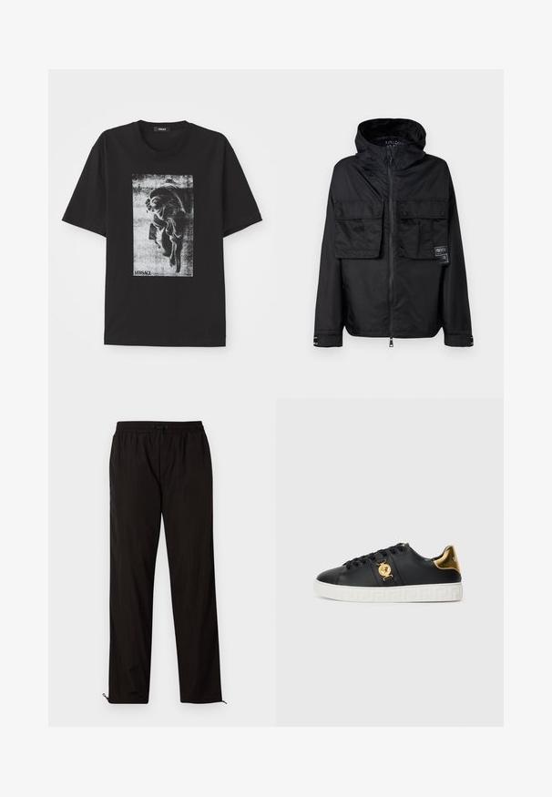 Must mustaga, millel on kapuuts, kahte eesmist rinnaTaskut, silt vasakul taskul ja sile, läikiv tekstuur.; Must musta shirt, millel on silmapaistev graafiline trükk klassikalisest näost hallituna. Ümar kaelus ja lühikesed varrukad. Present on Versace logo.; Mustad mustriga püksid elastse vöökoha, nööridega sulgemise ja reguleeritavate sääreotstega, millel on lukud. Sile ja läikiv tekstuur.; Must must nahkajalatsid kuldsete detailide, logo kaunistuse ja valge mustrilise tallaga. Omab ümmargusi paelu ja sujuvat disaini.