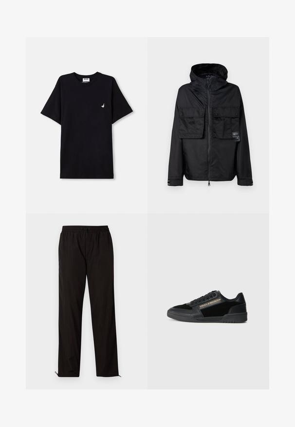 Casaco preto com fecho zip e capuz, apresentando dois bolsos frontais no peito, um etiqueta no bolso esquerdo e uma textura suave e brilhante.; T-shirt de algodão preto com mangas curtas, apresentando um pequeno detalhe bordado de um ganso no peito e um decote redondo.; Calças leves pretas com cintura elástica, fecho por cordão ajustável e bainhas com fecho de correr para ajuste. Textura suave e elegante.; Sapatilha preta com acabamento em couro suave e detalhes em camurça. Apresenta um design de cano baixo, atacadores e detalhes em logo dourado na lateral.