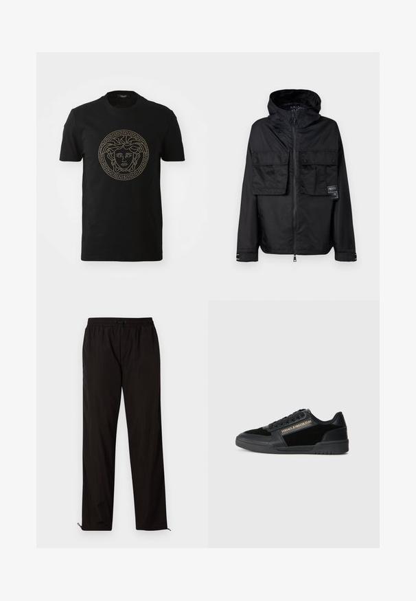 Juodas zip-up džemperis su kapišonu, turintis dvi priekinės krūtinės kišenes, etikete kairėje kišenėje ir lygiu, blizgiu paviršiumi.; Juodas medvilnė marškinėliai su metalizuotu auksiniu Medūzos logotipu, kuris yra centre aplinkinio graikų raktų rašto. Trumpomis rankovėmis, apvaliu kaklu.; Juodos lengvos kelnės su elastingu juosmeniu, raišteliu ir užtrauktukais apačioje, kad būtų galima pritaikyti dydį. Lygus, glotnus paviršius.; Juodi sportbačiai su lygiu odiniu paviršiumi ir veliūro akcentais. pasižymi žemo profilio dizainu, raišteliais ir auksinio spalvos logotipu šone.