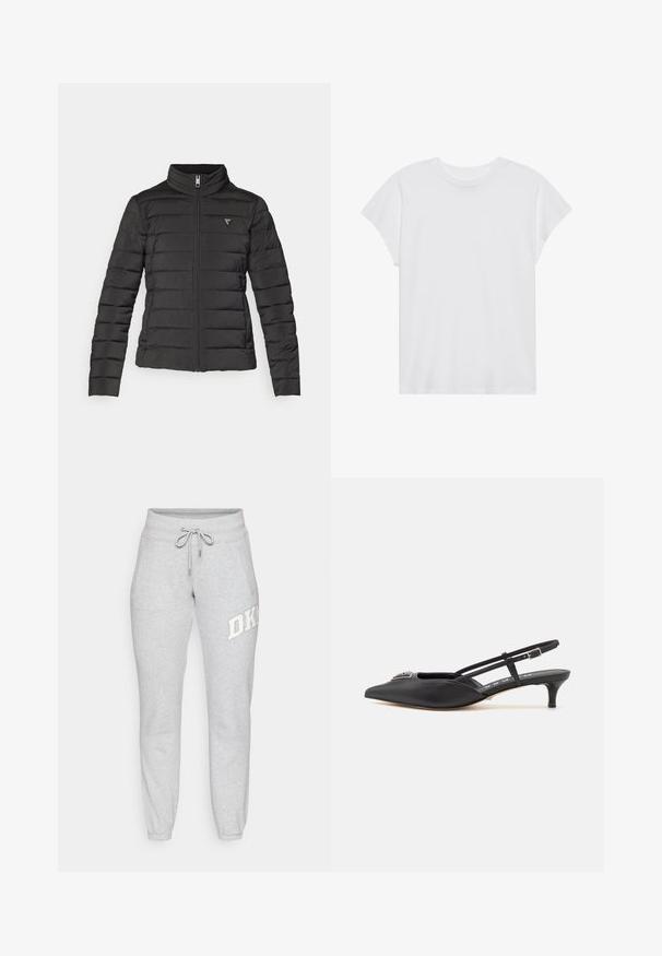 Melnā pūkainā jaka ar stāvošu apkakli, rāvējslēdzēju, horizontālām šuvēm un mazu logotipa uzšuvumu kreisajā krūšu daļā.; Balta īsām piedurknēm T-kreklā ar apaļu kakla izgriezumu, brīvā griezumā, izgatavota no mīksta kokvilnas auduma. Gluda tekstūra, bez rakstiem vai logo.; Pelēki sporta bikses no mīksta auduma ar elastīgu jostasvietu un auklu. Iezīmes sānu kabatas un DKN logo uz kreisā kāja.; Melnas slingback apavus ar smailu purngalu, izgatavoti no gludas materiāla, ar mazu papēdi un dekoratīvu sudraba akcentu uz priekšpuses.