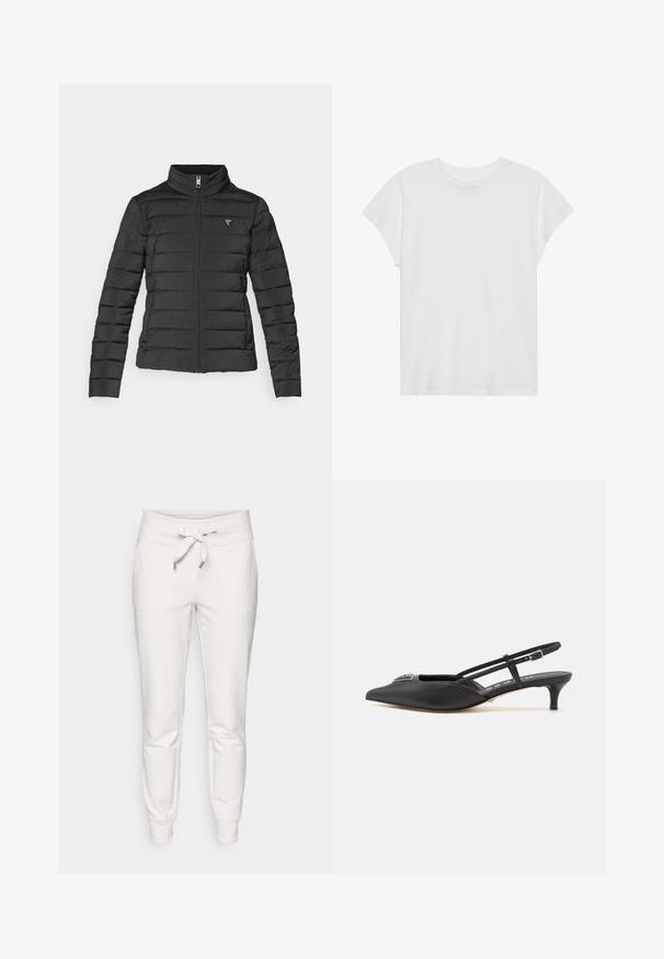 Fekete puffajak álló gallérral, cipzáras záródással, vízszintes varratokkal és egy kis logóképpel a bal mellkas területén.; Fehér, rövid ujjú póló, kerek nyakkivágással, laza szabású, puha pamut anyagból készült. Sima felület, nincs rajta minta vagy logó.; Fehér, puha anyagból készült melegítőnadrág, húzózsinórral ellátott derékkal, rugalmas mandzsettákkal és két oldalsó zsebbel a praktikusság érdekében.; Fekete, sarokba húzós cipők, hegyes orral, sima anyagból készült, kis sarokkal és díszes ezüst részlettel a lábfej részen.