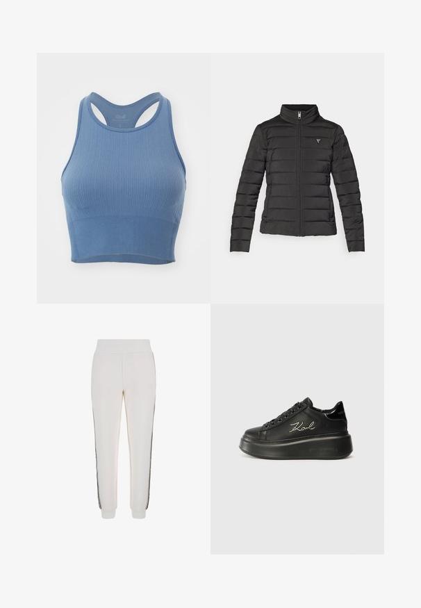 Sort pufferjakke med opretstående krave, lynlås lukning, vandret syninger og et lille logo på venstre brystområde.; Lyseblå ribbet sportsbh med en tætsiddende pasform, brede stropper og racerback-silhuet. Blødt materiale og sømløs kant i bunden.; Hvide joggingbukser lavet af blødt stof, med en ribbet talje og sorte sidestriber samt logo-detaljer på forsiden.; Sorte platform sneakers med en glat læderoverdel, flade snørebånd og broderet "Karl" logo på siden. Rundet tå og tyk sål.