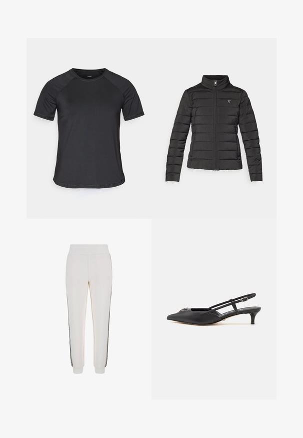 Fekete puffajak álló gallérral, cipzáras záródással, vízszintes varratokkal és egy kis logóképpel a bal mellkas területén.; Fekete, rövid ujjú sportpóló, raglán ujjakkal, sima textúrával és lekerekített nyakkivágással. Varsú varratokkal és laza fazonnal rendelkezik.; Fehér, puha anyagból készült sportos nadrág, bordázott derékrésszel és fekete oldalsávokkal, az elején logós részlettel.; Fekete, sarokba húzós cipők, hegyes orral, sima anyagból készült, kis sarokkal és díszes ezüst részlettel a lábfej részen.