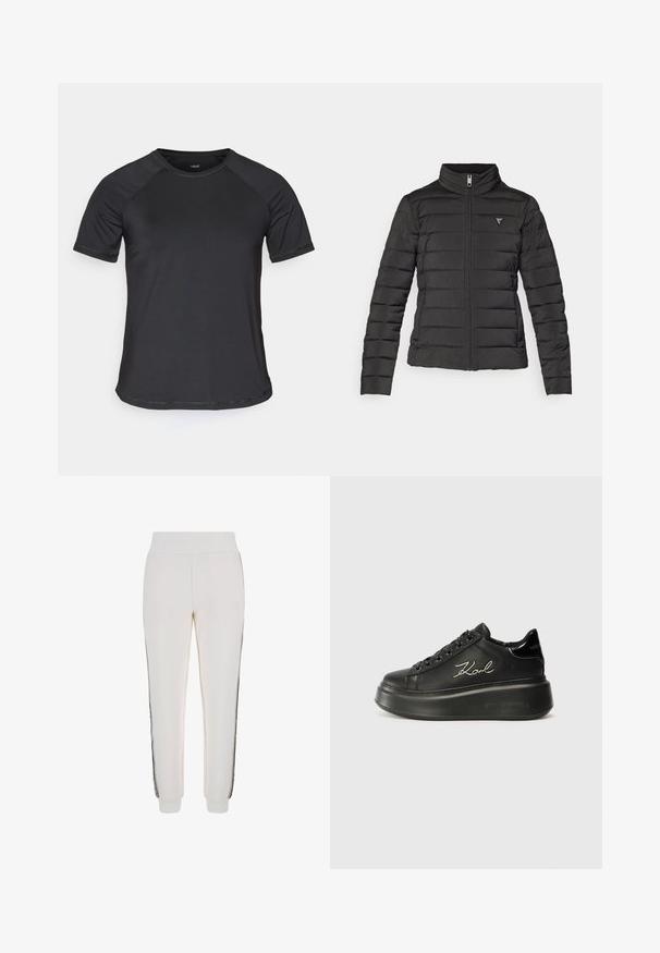 Svart puffjakke med stående krage, glidelås, horisontale sømmer og et lite logo-patch på venstre brystsone.; Svart kortermet treningstrøye med raglanermer, glatt tekstur og rund hals. Har sømmer som er sydd sammen og en avslappet passform.; Hvite joggebukser laget av myk stoff, med ribbestrikket midje og svarte sidestriper med logo detaljer foran.; Sorte plattform sneakers med en glatt skinnoverdel, flate lisser og brodert "Karl"-logo på siden. Rund tå og tykk såle.