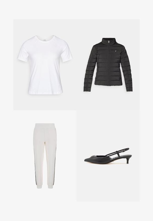 Musternatukind musta värvi, seisva kraega, tõmblukuga, horisontaalselt tikitud ja väike logopakk vasakul rinnal.; Valge lühikeste varrukatega T-särk, mis on valmistatud pehmest puuvilla segumaterjalist, ümmarguse kaeluse ja raglan varrukatega, sile tekstuur ilma mustrita.; Valged jogger-püksid, mis on valmistatud pehmest kangast, ribiga vöökoha ja mustade külgtriipudega ning esiküljel logodetailiga.; Mustad musta rihmaga kingad terava ninaga, valmistatud siledast materjalist, väikese kontsaga ja kaunistava hõbedase aksessuaari ning sillerdava pealsega.