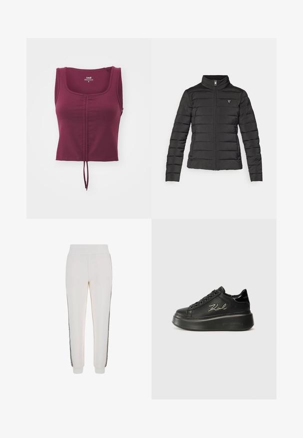 Črna puhovka s stoječim ovratnikom, zadrgo, vodoravnimi šivi in majhno logotipno nalepko na levi področju prsnega koša.; Casall CREASE SLEEVELESS CROP - Top - evening red; Beli jogger hlače iz mehke tkanine, z rebrastim pasom in črnima stranskima črtama ter logotipom na sprednji strani.; Črne platformske superge z gladkim usnjenim zgornjim delom, ravnimi vezalkami in vezanim logotipom "Karl" na strani. Okrogla špica in debel podplat.