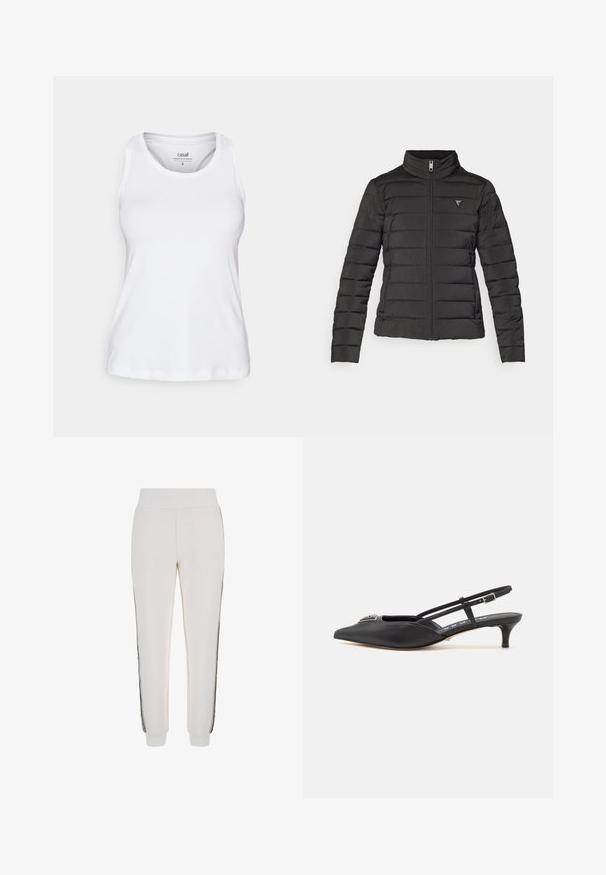 Čierna nadýchaná bunda s vyvýšeným golierom, zipsom, horizontálnym prešívaním a malou logovú nášivkou na ľavej hrudi.; Biela bezrukávová tielko vyrobené z ľahkej, hladkej tkaniny. Obsahuje okrúhly výstrih a voľný strih, ideálne na športové nosenie.; Biele jogger nohavice vyrobené z mäkkej látky, s rebrovaným pásom a čiernymi bočnými pruhmi s detailom loga vpredu.; Čierne slingback topánky s ostrou špičkou, vyrobené z hladkého materiálu, so malým podpätkom a dekoratívnym strieborným akcentom na priehlavku.