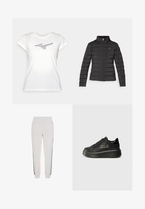 Schwarze Pufferjacke mit Stehkragen, Reißverschluss, horizontalen Nähten und einem kleinen Logo-Patch auf der linken Brustseite.; Weißes Baumwoll-T-Shirt mit kurzen Ärmeln, versehen mit einem schwarzen Linienstil-Design eines Logos auf der Brust. Klassischer Rundhalsausschnitt, weiche Textur.; Weiße Jogginghose aus weichem Material, mit einem gerippten Bund und schwarzen Seitenstreifen, die auf der Vorderseite mit einem Logo-Detail versehen ist.; Schwarze Plattform-Sneaker mit einem glatten Leder-Obermaterial, flachen Schnürsenkeln und gesticktem "Karl"-Logo an der Seite. Runde Zehenpartie und dicke Sohle.