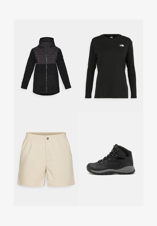 Schwarze Kapuzenjacke mit gestepptem Brustbereich, Reißverschluss vorne, strukturiertem Fleece-Material an Körper und Ärmeln sowie einer kleinen Tasche am linken Arm.; Schwarzes Langarm-T-Shirt aus Baumwolle mit Rundhalsausschnitt. Verfügt über ein kleines weißes Logo auf der linken Brustseite. Einfaches Design und Passform.; Beige Shorts aus leichtem Stoff, mit elastischem Bund, Fronttaschen und einem einzelnen Druckknopfverschluss, mit glatter Textur.; Schwarzer Wanderstiefel mit einem mittelhohen Design, ausgestattet mit einer strukturierten Oberfläche, grauen Akzenten und einer robusten Gummisohle mit Profilstollen.